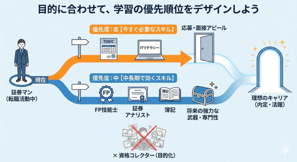 証券会社からの転職活動における学習と資格取得の優先順位を図解したイラスト。「今すぐ必要なスキル（TOEIC・ITリテラシー）」と「中長期で効くスキル（FP・証券アナリスト・簿記）」を分けて優先順位をつけ、目的のない資格コレクターにならずに理想のキャリア（内定・活躍）へ繋げるための学習計画を示している。