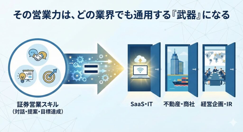 上部にメッセージ: 「その営業力は、どの業界でも通用する」
左側: 「証券営業スキル（対話・提案・目標達成）」のアイコン。
中央: 「＝（イコール）」または「翻訳（変換）の矢印」。
右側: 3つの新しい扉（ドア）が開いている。
ドア1：SaaS・IT（PCやクラウドのアイコン）
ドア2：不動産・商社（ビルや貿易船のアイコン）
ドア3：経営企画・IR（会議や戦略マップのアイコン）