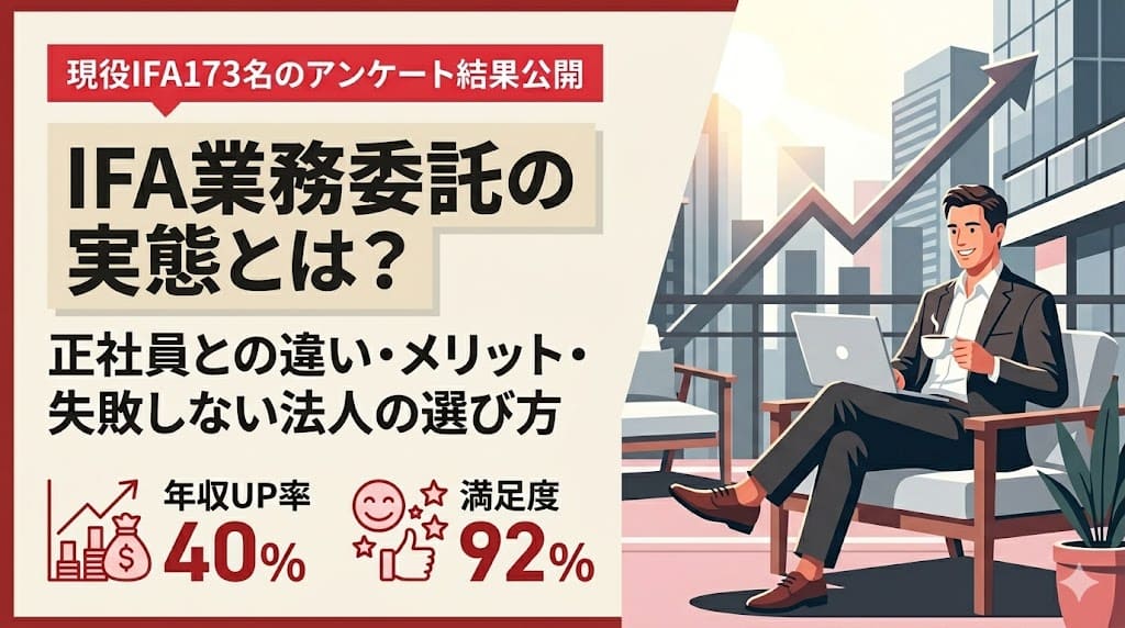 現役IFA173名のアンケート結果をもとにIFA業務委託と正社員との違い、メリットを解説したアイキャッチ画像。転職後の年収UP率40%・満足度92%のデータと、カフェで自由に働くIFAの姿を図解。